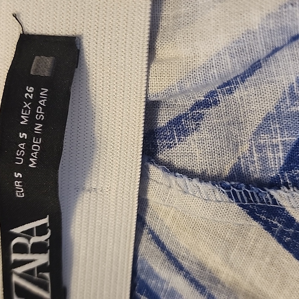 Zara Blue White High Waist Flare Slit Leg Wavy Swirl Linen Blend Pants - Picture 9 of 12